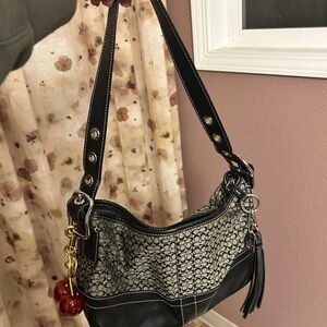 Coach Black and Gray Signature Canvas Shoulder Bag with Cherry Charm